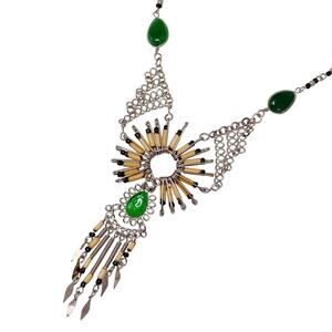 VTG 60s Necklace Glass Wood Southwestern Boho Fringe Tribal Artisan Silver Tone